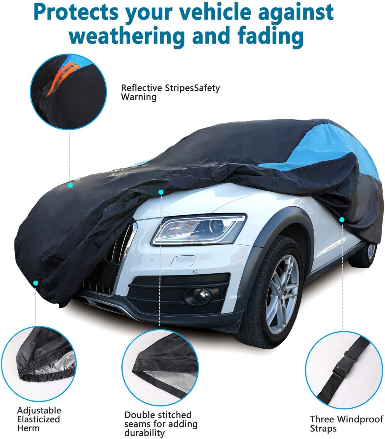 MORNYRAY Waterproof Car Cover All Weather Snowproof UV Protection Windproof Outdoor Full SUV Car Cover, Universal Fit for SUV (Fit SUV Length 211-221inch, Blue)