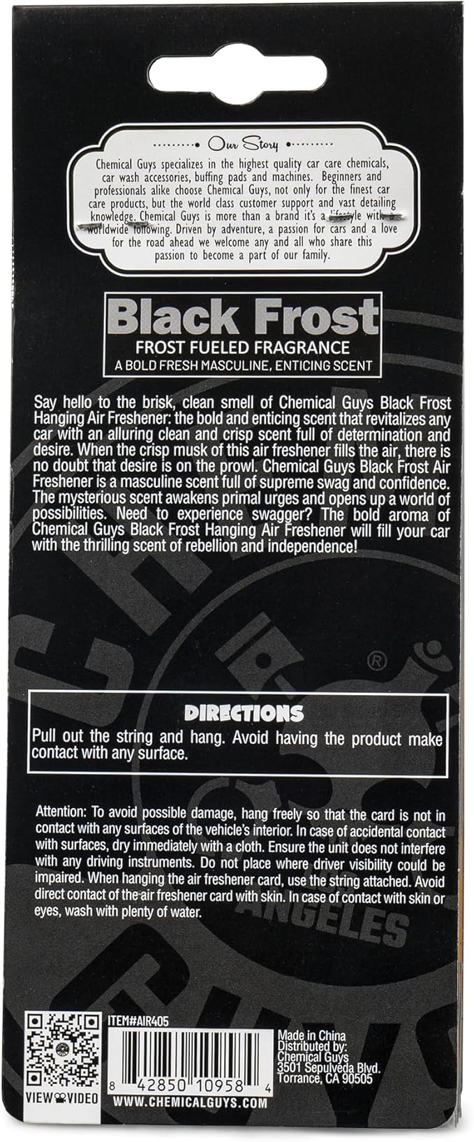 Chemical Guys Hanging Air Freshener, Black Frost Scent 12 Pack, Great for Cars, Trucks, SUVs, RVs, Home, Garage, Workspace, Dorm Room & More (4 x 3 Packs) - AIR40504
