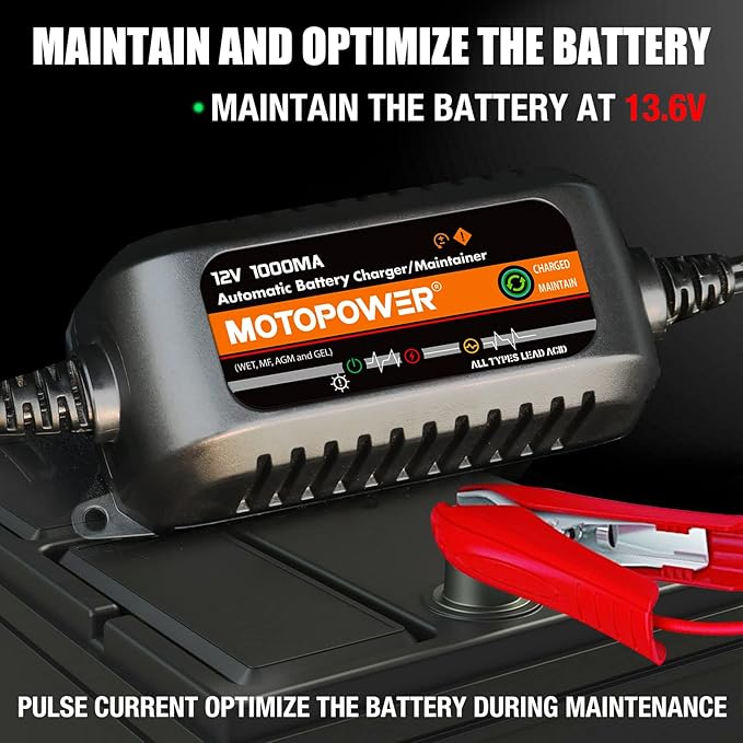 MOTOPOWER MP00205B 12V 1000mA Automatic Battery Charger, Battery Maintainer, Trickle Charger, and Battery Desulfator with Timer Protection - Black Edition
