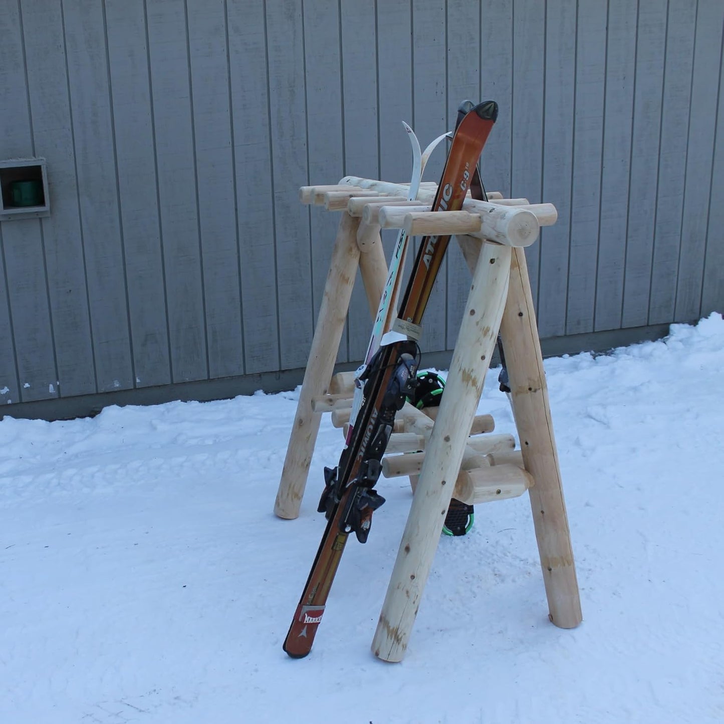 13-Place Freestanding Log Ski Rack Holder, Indoor & Outdoor Snowboard Racks, Standing Storage, Garage Racks for Snow Skis & Poles, Durable Snowboard Rack Garage Storage Organizer - Unfinished