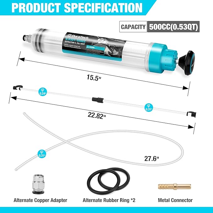 DURATECH 500CC Fluid Extractor, Oil Extractor with Long Hose and Extension Tubes, Brake Fluid Extractor, Fluid Pump Automotive, Suction Pump for Lawn Mowers Cars Ships Golf Carts