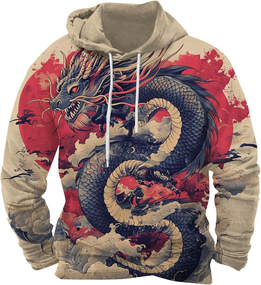 Mens Animal Print Graphic Hoodies Casual Long Sleeve Japanese Art Style Hooded Sweatshirt Lightweight Pullover Tops