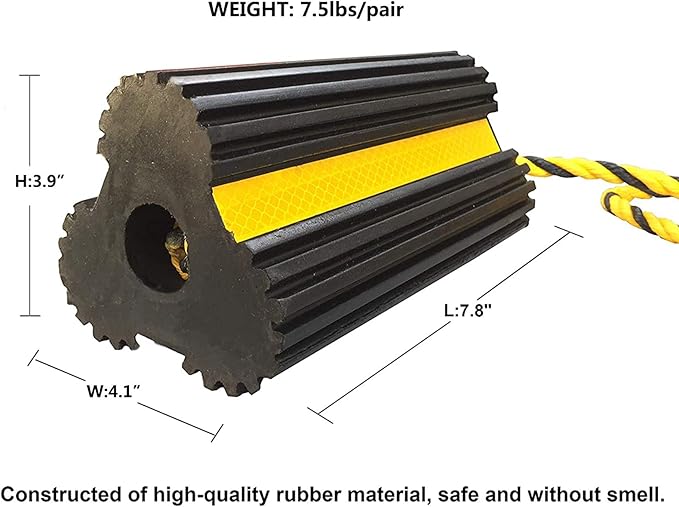 Heavy Duty Rubber Dual Wheel Chocks, RV Non Slip Wheel Stoppers with Nylon Rope Yellow Reflective Tape, Wheel Block for Travel Trailers, Aircraft, Car, Camper, Truck 1 Pair