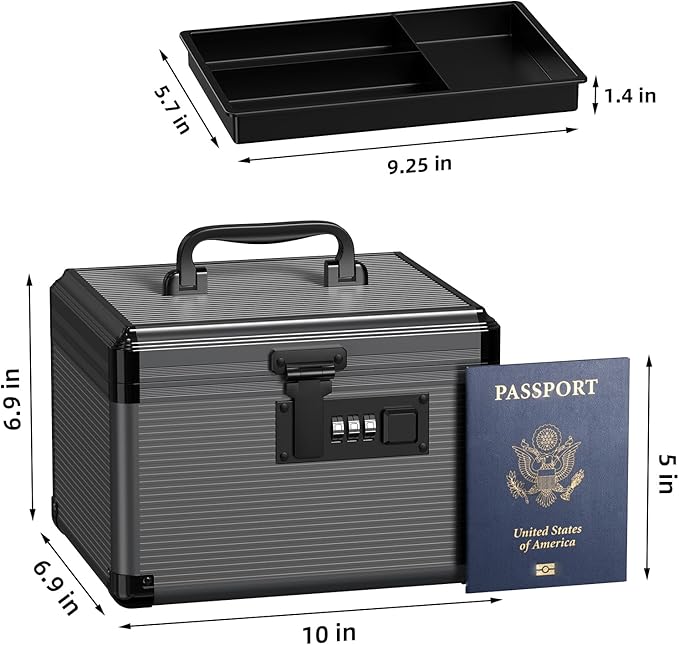 Medicine Lock Box with Code, Locking Medicine Box with Removable Tray, Portable First Aid Box for Home, 10 * 6.9 * 6.9 Inch (Black)
