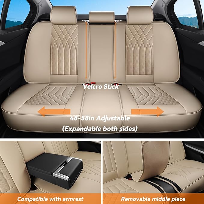Car Seat Covers Full Set, Nappa Leather Seat Covers for Cars, Beige Car Seat Protector Waterproof, Car Seat Covers Front Seats and Back Fit for Most Cars SUVs Trucks