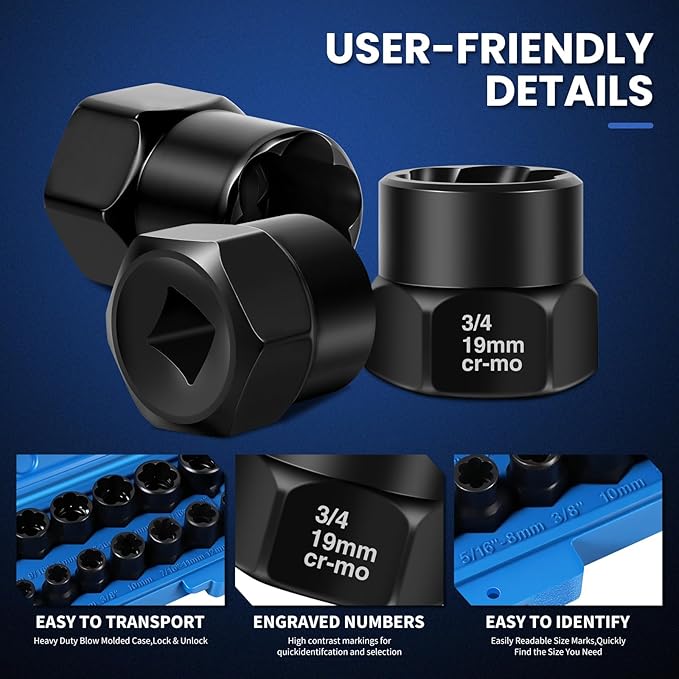 13-Piece Bolt Extractor Kit, Extractor Set for Stripped/Lug Nut Removal, 3/8" Drive Screw Extractor Socket Set, SAE & Metric