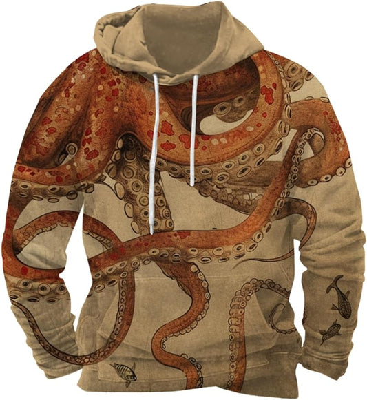 Mens Animal Print Graphic Hoodies Casual Long Sleeve Japanese Art Style Hooded Sweatshirt Lightweight Pullover Tops