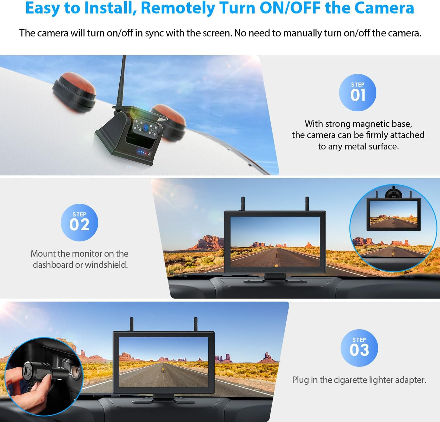 10.1" Magnetic Solar Wireless Backup Camera System, HD1080P Loop Recording 10.1 Inch Touchscreen Monitor with Quad RV Backup Cameras Wireless System for RV Trailer Tractor Truck, BL101