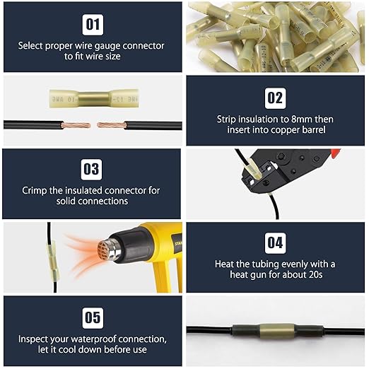 Heat Shrink Butt Connectors, 250Pcs 12-10 AWG Yellow Insulated Waterproof Electrical Wire Connectors Automotive Marine Grade Wire Crimp Terminals Butt Splices, Ideal for Boat, Truck, Stereo - Yellow