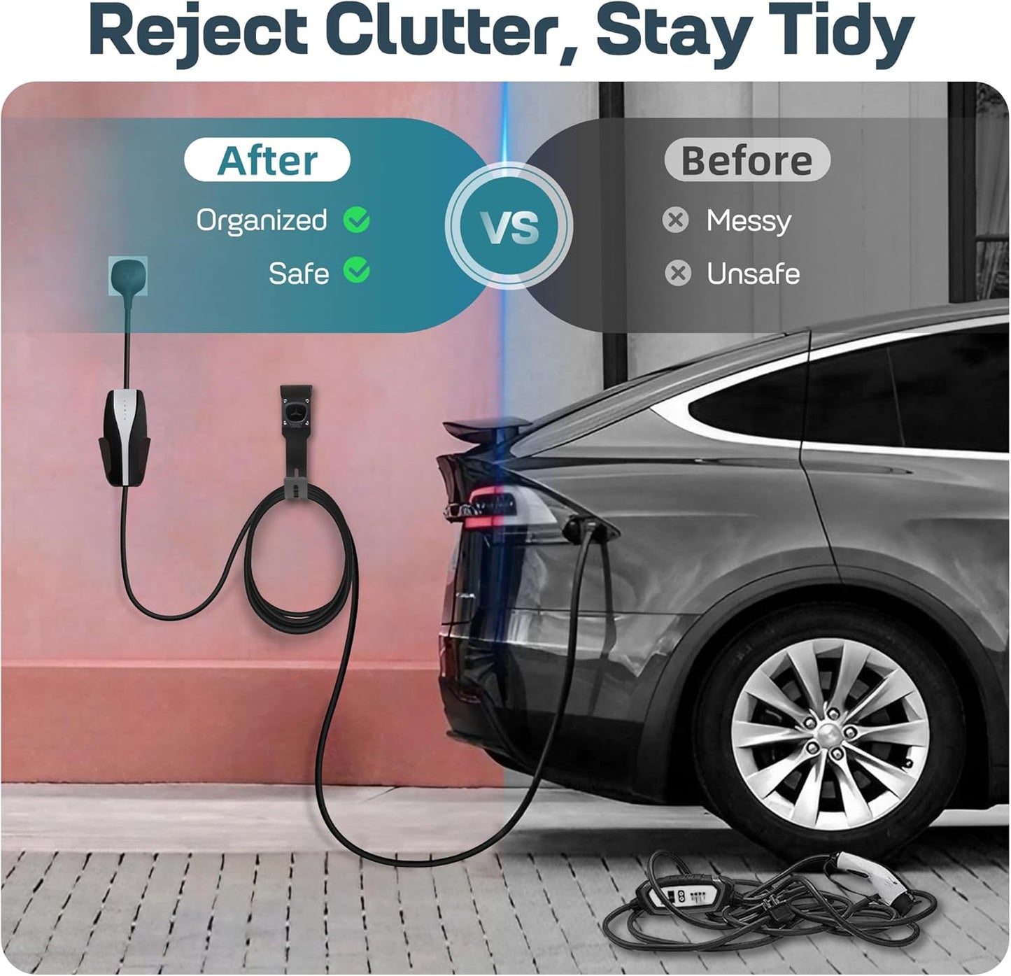 Tesla Charger Holder Wall Mount Kit, Black Mobile Connector Charging Cable Cord for Tesla Model for Indoor Outdoor Garage, Wall Mount Cable Organizer Bracket with UMC Holder