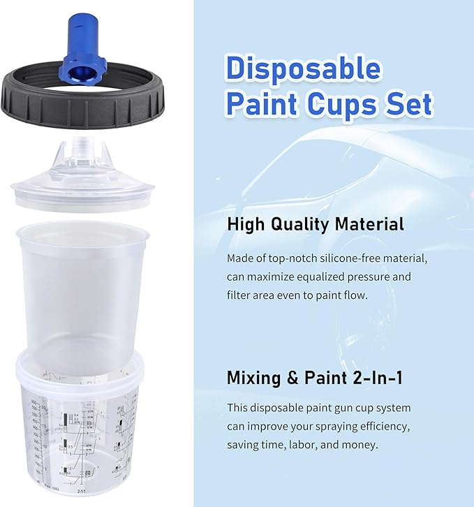 HVLP Spray Gun with 10Pcs 600ML Disposable Paint Cups, Automotive Gravity Feed Spray Gun Kit with 4 Nozzles,1.4/1.7/2.0/2.5mm, Sprayer Gun with Air Compressor Regulator for Auto Paint (Blue)