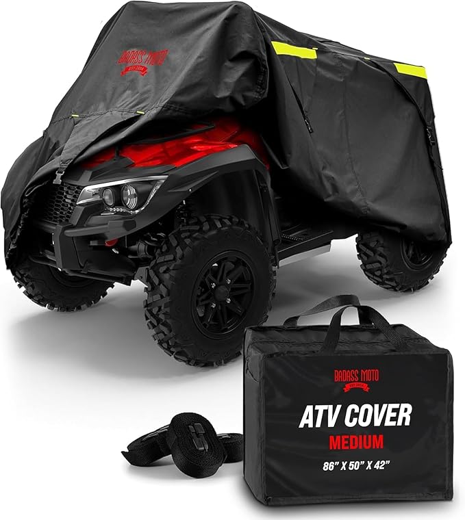 Badass Moto ATV Covers Waterproof Outdoor Heavy Duty, Rip-Resistant, Night-Reflective Quad Cover, 4 Wheeler Cover, ATV Accessories Fits Can am, Polaris Sportsman, Honda Rancher & More, Medium 85" Long