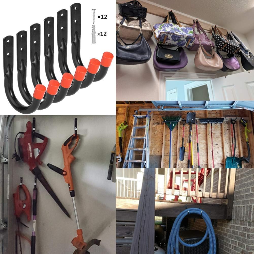 Wall Mount Utility Hooks Heavy Duty Steel Garage Storage Hanger Multi-Tools Holder Hanging Organizer (6 Pcs Black 4" Small J Hook)