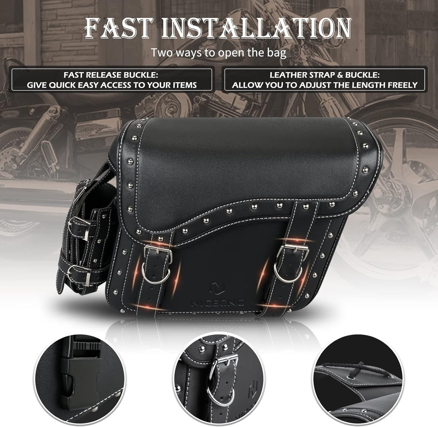 NICECNC Motorcycle Saddle Bags, PU leather Motorcycle Saddlebags, Reinforced Straps & Saddle Piece, with Cup Holder, Throw Over Saddle Bags Side Bags Universal Motorcycle Accessories bags, BlACK