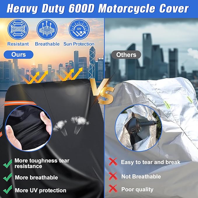Motorcycle Cover Heavy Duty,600D Motorcycle Cover Waterproof Outdoor,Silver Nano Inner,5 Reflective Strips,2 Air Vents,for Honda,Suzuki,Motorcycle Tarp (2XL 96" x 43.3" x 55" Black-Orange)