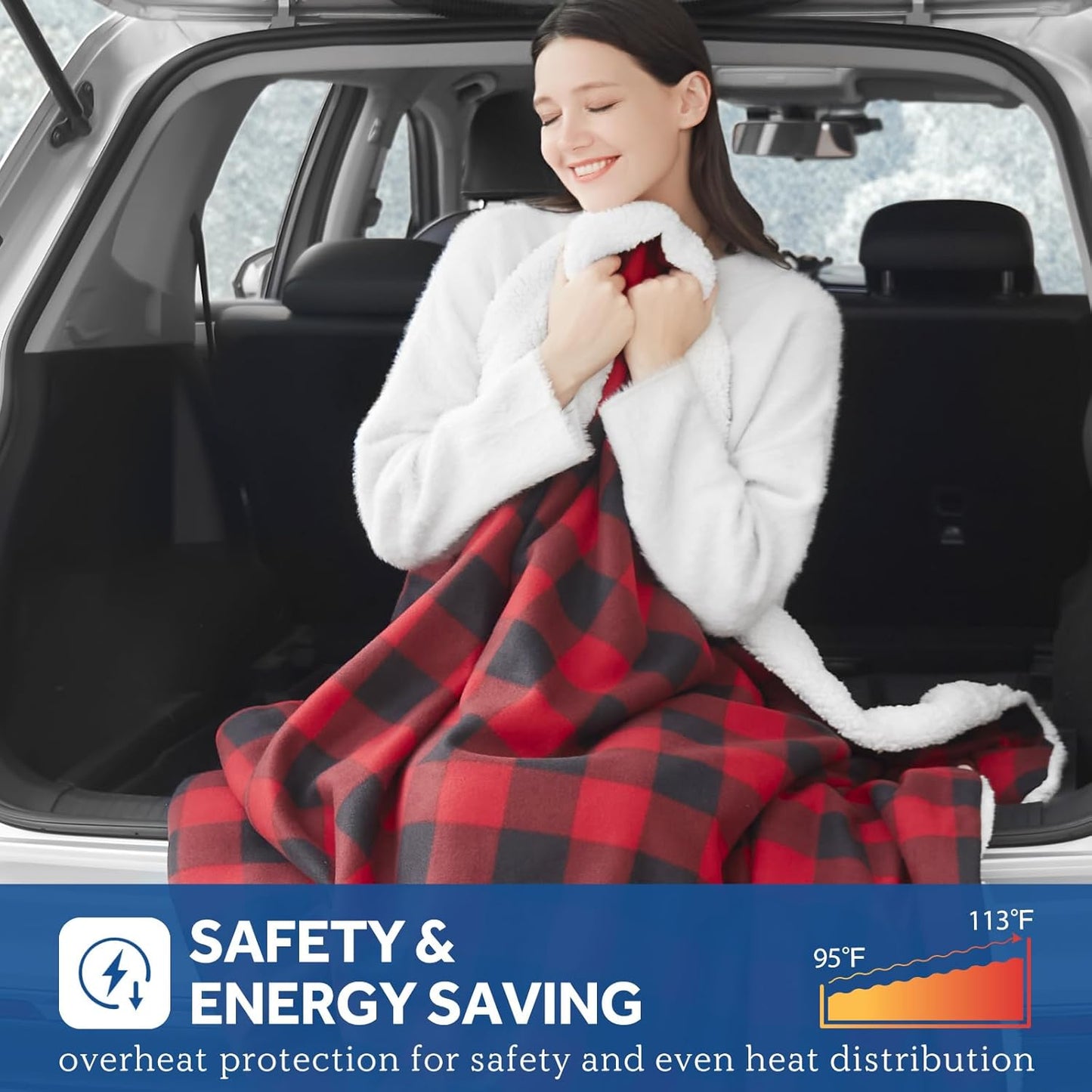 Sealy 12-Volt Heated Car Blanket, Portable Electric Blanket with 3 Heating Levels & 4 Hours Auto Off for Car, Truck, SUV, RV or Camping, Machine Washable, 59" X 43", Plaid