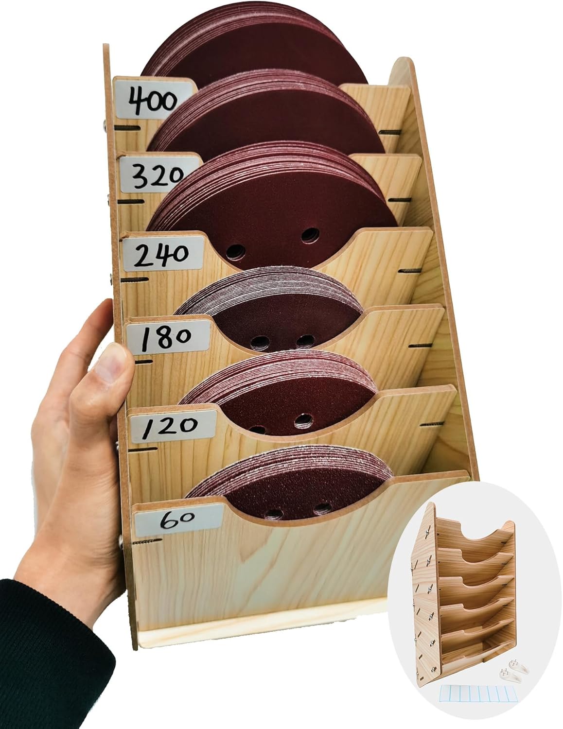 6-Tier Hanging Wooden Sandpaper Storage Holder, Sandpaper Organizer for Sanding Discs 5 Inch 6 Inch, Wall Mount Woodworking Tools Rack(Excluding Sandpaper), Maple Color, 1 Set