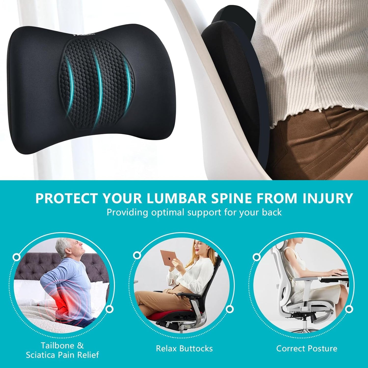 FLORICH Lumbar Support with Car headrest Back Pillow for Chair Headrest Pillow with Gel Memory Foam Massage Point Lumbar Support (Black)