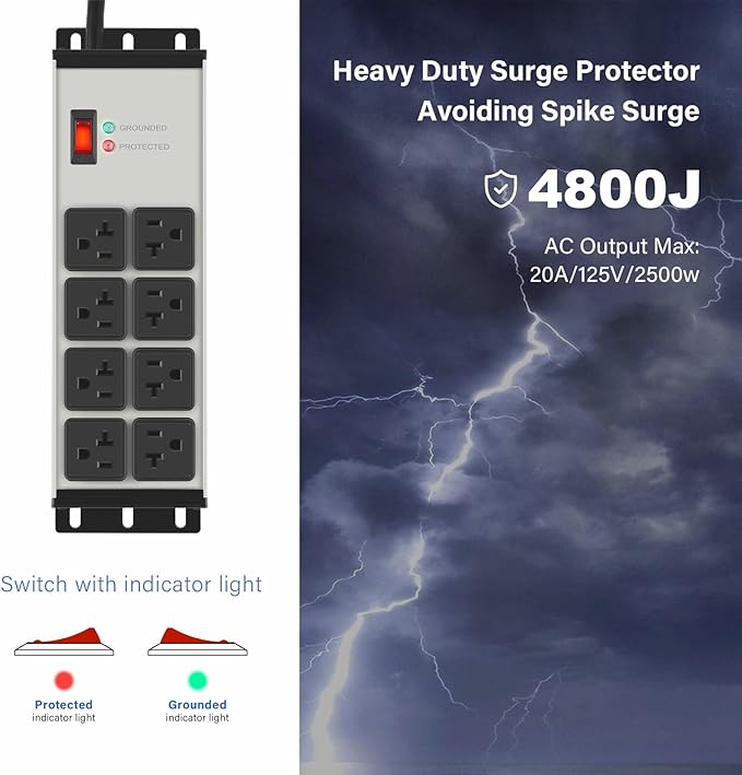CCCEI Grey Heavy Duty Power Strip Surge Protector 20 AMP, 8 Outlets 12 Gauge Industrial Shop Garage Metal Multiple Outlets, 12 FT Extension Cord 5-15P Adapter High Amp 6-20R T-Slot 20a for Appliance