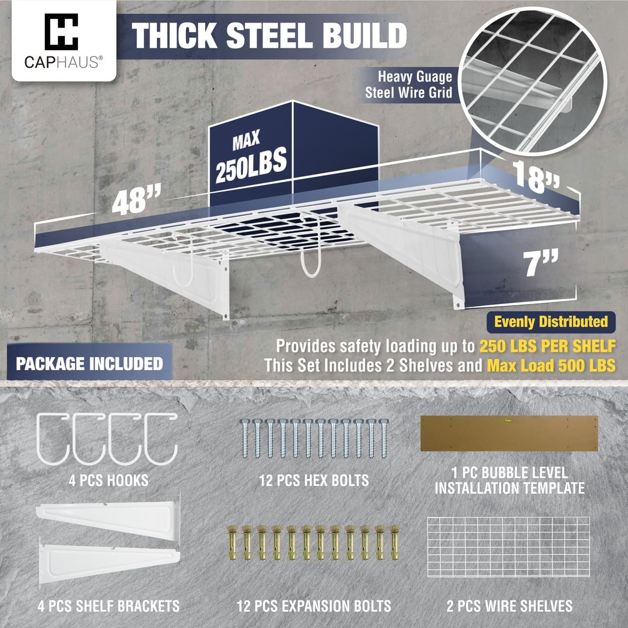 Fencer Wall Mounted Garage Shelving - 48 in. W x 18 in. D, White, Heavy Duty, 2 Hooks, 500lb Capacity