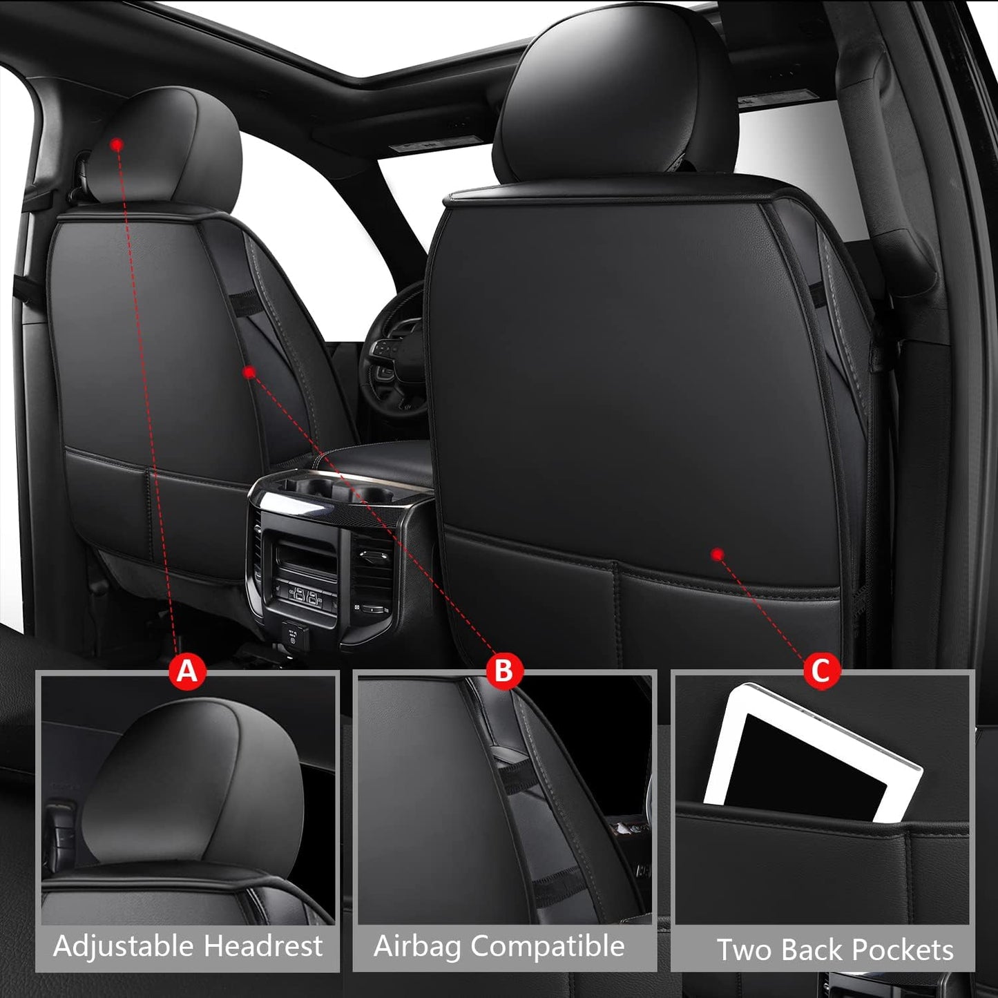 MIROZO Ram Seat Covers Full Set, Faux Leather Truck Seat Covers Compatible with 2009-2025 Ram 1500 2500 3500 Truck Pickup Crew Quad Cab with Split Bench 40/60(Black and Red,Full Set Curved Back)