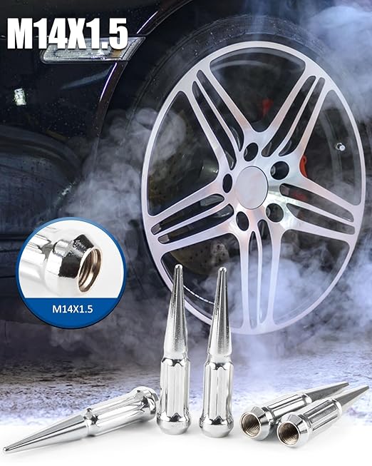 GAsupply 14x1.5 Spike Lug Nuts, Closed End Bulge Acorn Spiked Spline Lug Nuts Chrome 4.4" Tall Cone/Conical Seat, Set of 24+1 Key