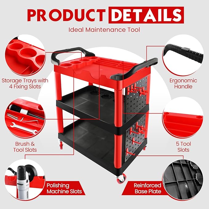 Auto Detailing Cart with Wheels, 3 Tier Car Detailing Cart with Hanging Boards & Hooks, Car Wash Organizer for Garage Workshop DIY Home