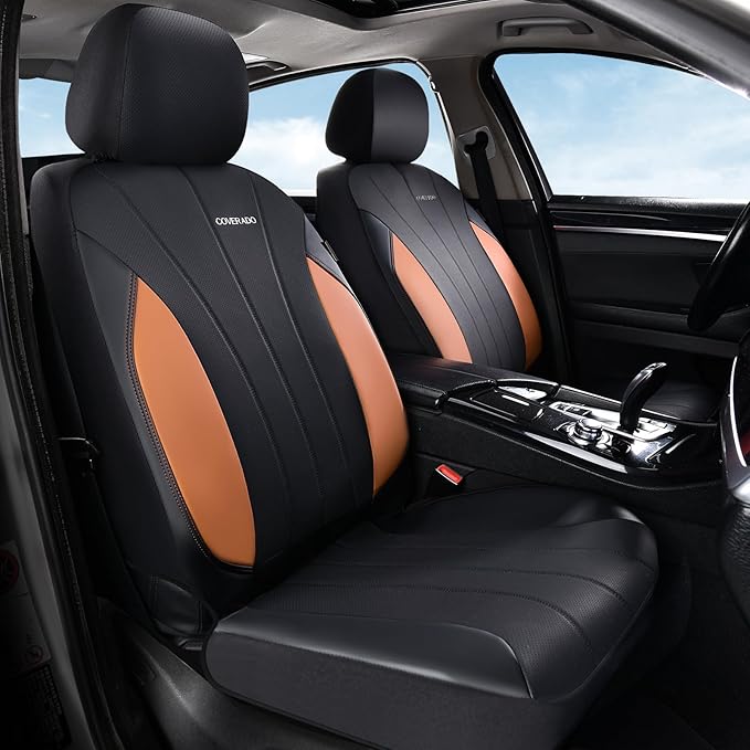 Coverado Car Seat Covers Full Set, Automotive Front and Rear Seat Covers, Leather Car Seat Covers Full Set 5 Seats, Airbag-Compatible, Brown Seat Covers for SUV Sedan Truck