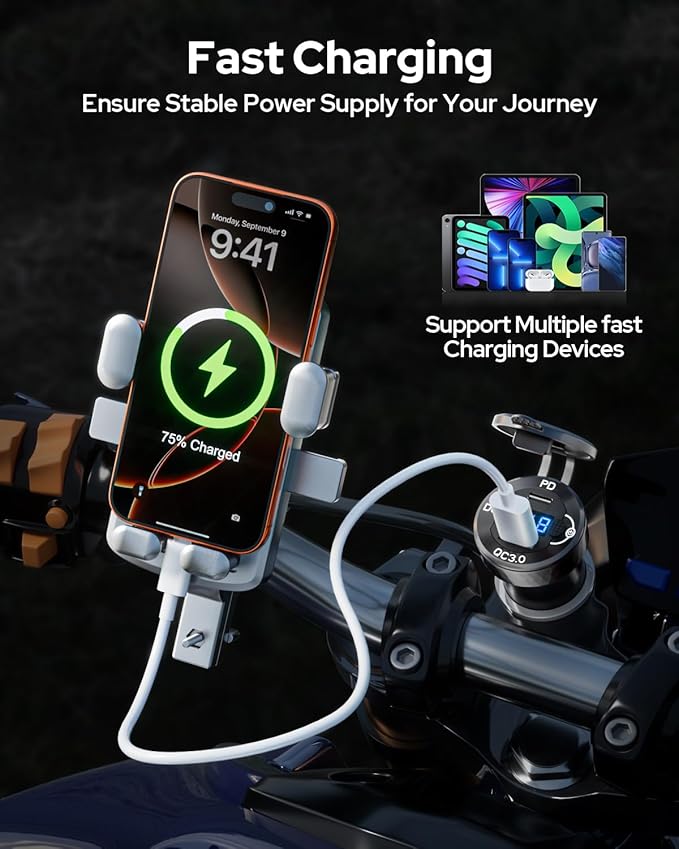 Motorcycle USB Charger, Waterproof 18W QC3.0 & 30W PD3.0 DIN Plug to USB Adapter with On-Off Switch & Voltmeter, Aluminum Phone Charger for 12V/24V BMW Ducati Triumph