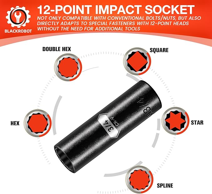 BLACKROBOT 3/4 inch 12-Point Deep Impact Socket, 1/2 Inch Drive, Metric, Cr-V Steel With Black Manganese Phosphate Coating
