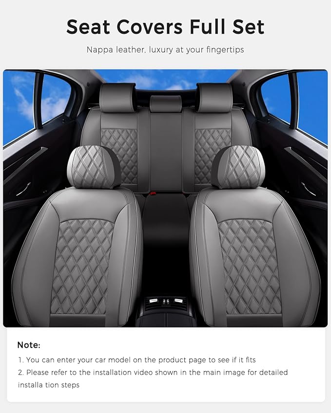 Huidasource Gray Seat Covers Full Set, Gray Seat Covers 5 Seats Waterproof Nappa Leather, Universal Fit for Most Cars,Van,Truck, SUV, Honda Civic Nissan Compass Sentra Focus Explorer(Full Set/Gray)