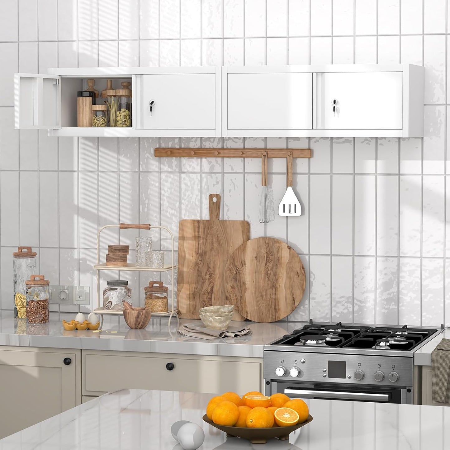 GREATMEET Locking Cabinet, Garage Storage Cabinet, Metal Wall Mounted Storage Cabinets with Doors for Garage, Hanging Floating (White, 13" H)