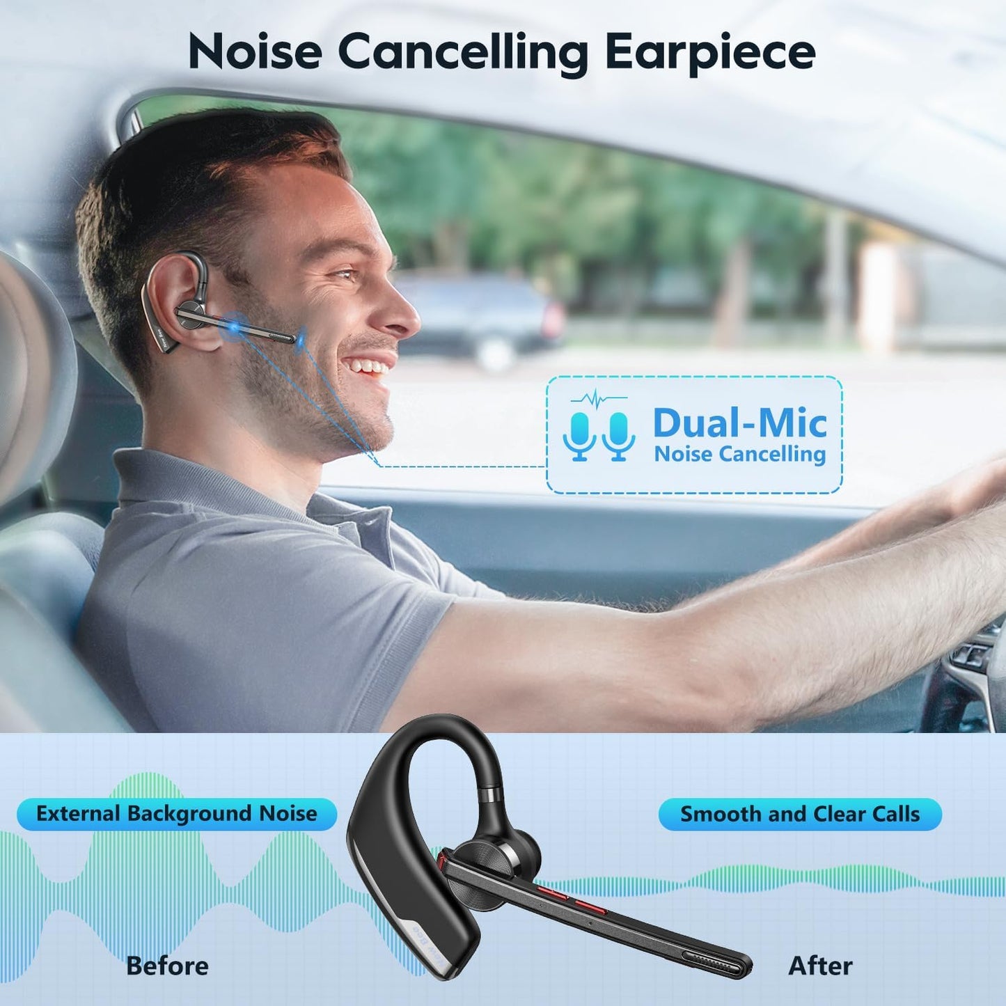 New bee Bluetooth Headset, Wireless Bluetooth Earpiece for Cellphone with 500mah Charging Case 80h Playtime V5.2 Dual Mic Noise Cancelling Hands-Free Earphones for Office Driver