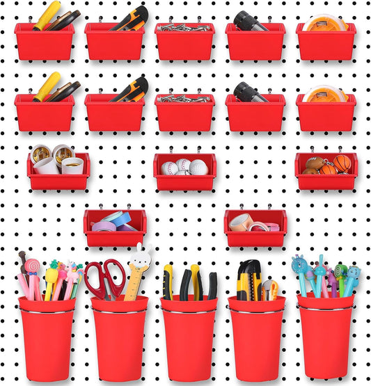 Yookeer 20 Pcs Pegboard Bins and Cups with Hooks and Loops Peg Assortment Organizer Accessories Various Tool Organizer Pegboard Baskets Set for Garage Workshop Workbench Office(Red)