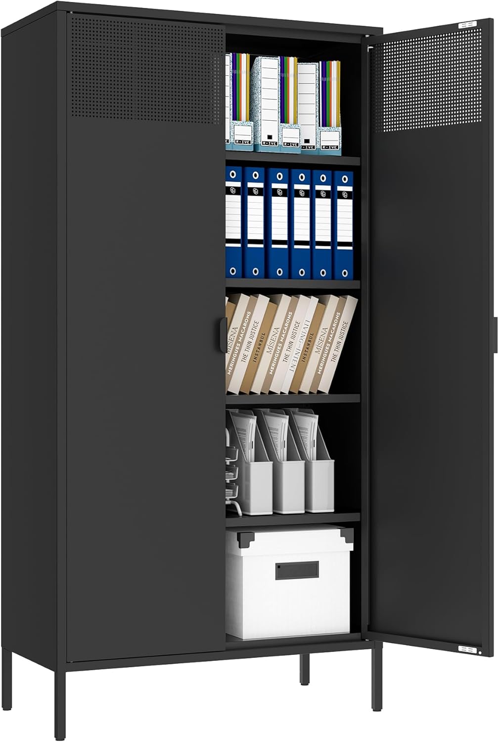 Metal Storage Cabinets with 4 Adjustable Shelves，Black Metal File Cabinet, 71'' Steel Storage for Home & Office, School,Kitchen Pantry,Tool Cabinet，Garage, Black