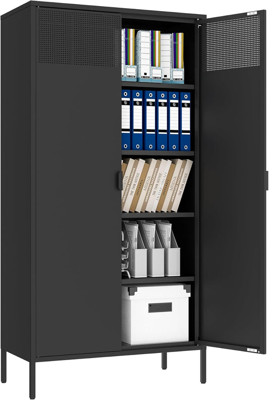 Metal Storage Cabinets with 4 Adjustable Shelves，Black Metal File Cabinet, 71'' Steel Storage for Home & Office, School,Kitchen Pantry,Tool Cabinet，Garage, Black