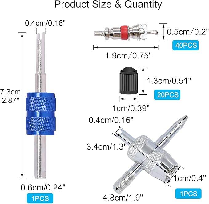 64PCS Tire Valve Stem Removal Tool Kit - 40PCS Tire Valve Cores, 20PCS Valve Stem Caps, 4-Way Valve Tool, Single and Dual Heads Valve Core Remover Tire Repair Tool