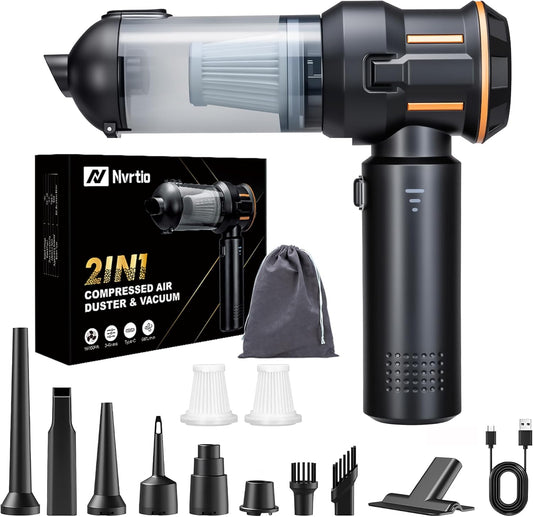 Portable Cordless Mini Car Vacuum Cleaner 16KPa - 80000RPM Brushless Motor Handheld 4-in-1 Compressed Air Duster & Air Blower & Pump Hand Held Vacuum for Car, Home, Office, Camping, Pet