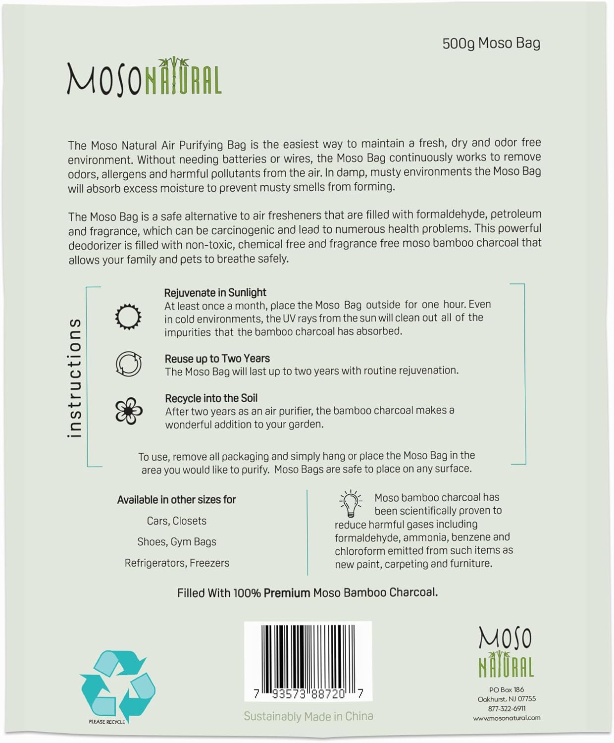 Moso Natural Air Purifying Bag 500g (3 Pack) Premium Bamboo Charcoal Odor Absorber for Home, Bedroom, Kitchen, Basement | Unscented Pet Odor Eliminator | Large Charcoal Deodorizer Bag Covers 250sqft