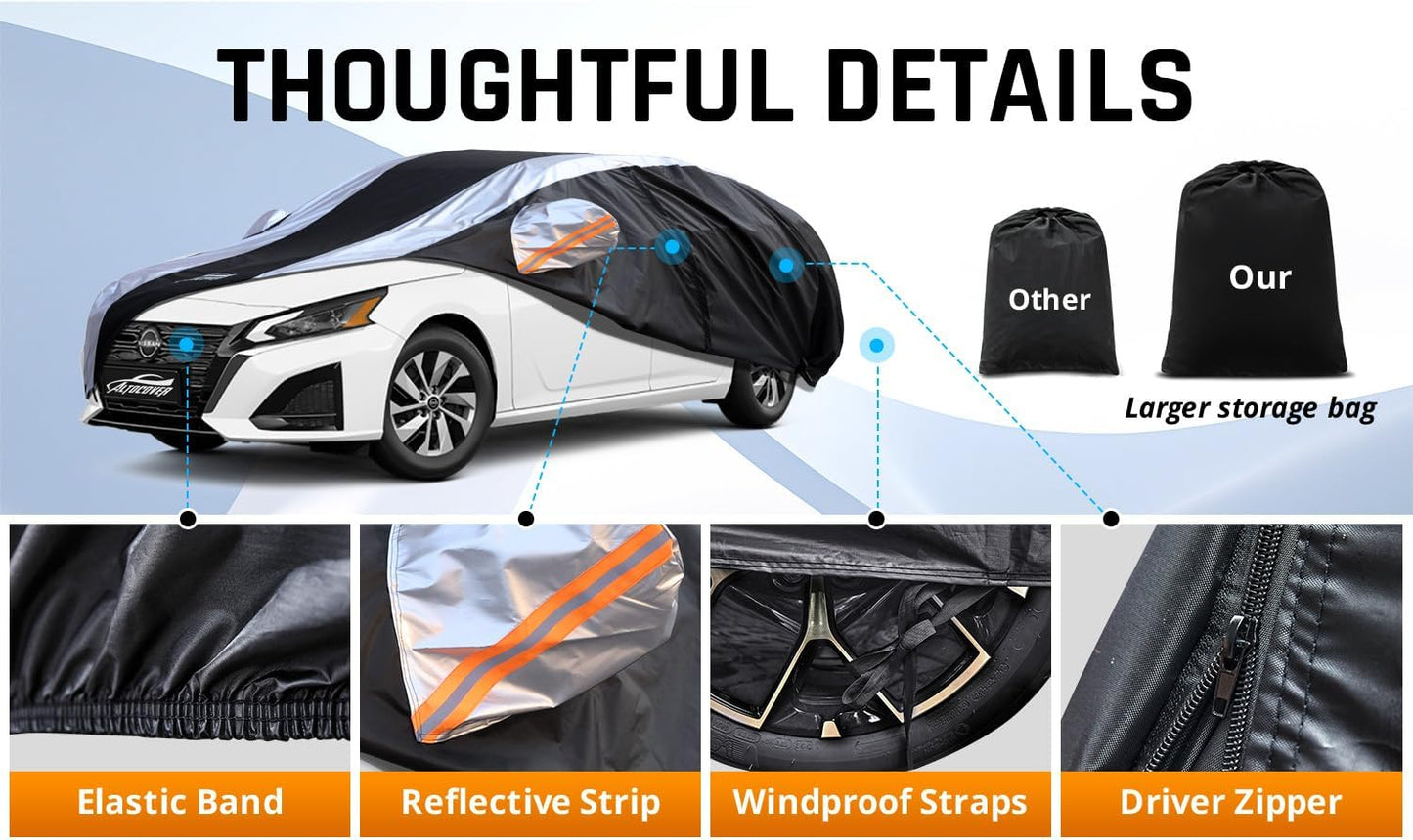 Altima Car Cover Waterproof All Weather with Silver Strip Design, Custom Fit for Altima 2005–2025, Altima Accessory with Door Zipper & Windproof Straps