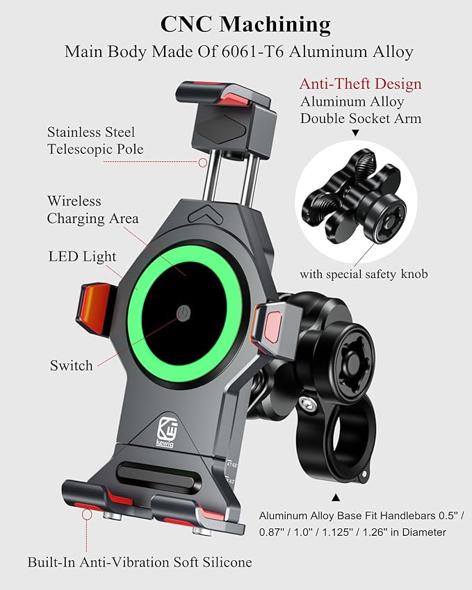 BRCOVAN Motorcycle Phone Mount with Qi 15W Wireless Charger & Vibration Dampener, Anti-Theft, Anti-Shake, Adjustable, Aluminum Alloy Motorcycle Handlebar Cellphone Holder for 4.7''-7.2'' Smartphones