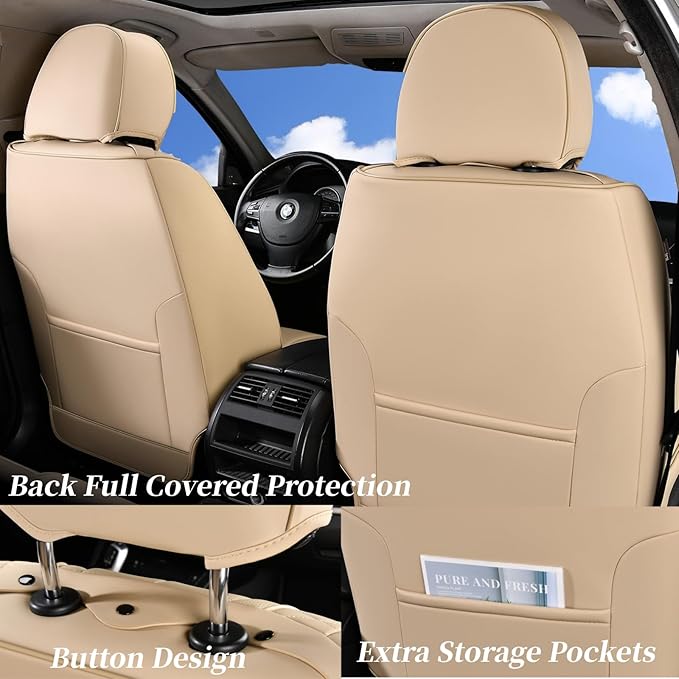 Coverado Car Seat Covers, Front Seat Cover 2-Pack, Faux Leather Waterproof Seat Covers, Car Seat Protectors,Driver Seat Covers Automotive Seat Covers Accessories Universal Fit Most Vehicles Beige