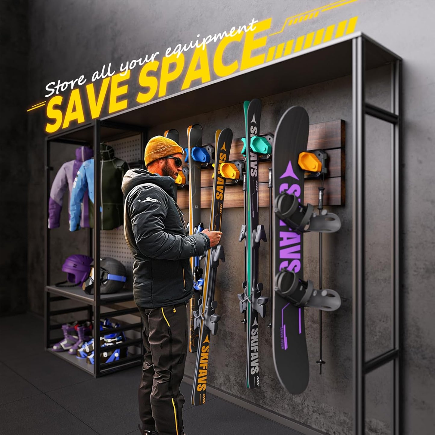 Ski & Snowboard Wall Rack for Garage Wall Fits Any Ski/board, Ski Wall Mount Holders Damage-Free Storage Rack, Garage Organization Space-Saving Winter Gear Organizer, Yellow, 4 Pack