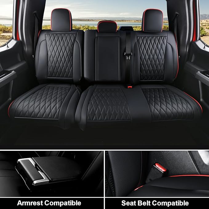 Coverado Leather Seat Covers Full Set for Ford F150F250F350F450(2015-2025)Waterproof Automotive Cushion Covers for Pick-Up Trucks Custom Fit for F150 SuperCrew&F250–F450 Super Duty Crew Cab(Red Line)