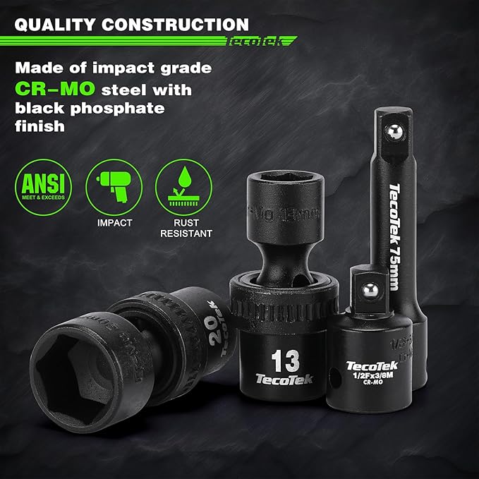 19 PCS 3/8" Drive Shallow Universal Impact Socket Set, Swivel Socket Set, 8-22mm, Metric Socket Set with Flexible Wobble, Cr-Mo Steel, Includes Extension Bars and Adapter