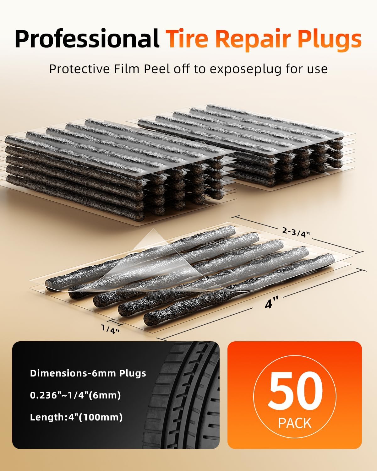 Tire Plugs Heavy Duty (4", 50 Pack) - 1/4" (6mm) Tubeless Tire Plugs for Car, ATV/UTV, Professional Tire Repair Plugs for Tire Flats, Essential for Tire Plug Kit or Tubeless Tire Repair Kit