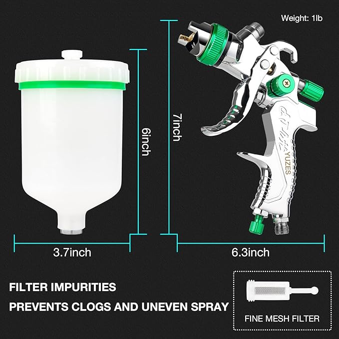 YUZES HVLP Paint Sprayer Gun with 1.4/1.7/2.0mm Nozzles, Easy to Use, Spray Paint Gun for Cars, Furniture, DIY Painting, Varnish and Top Coat, HVLP Paint Gun with Paint Sprayer Accessories (Green)