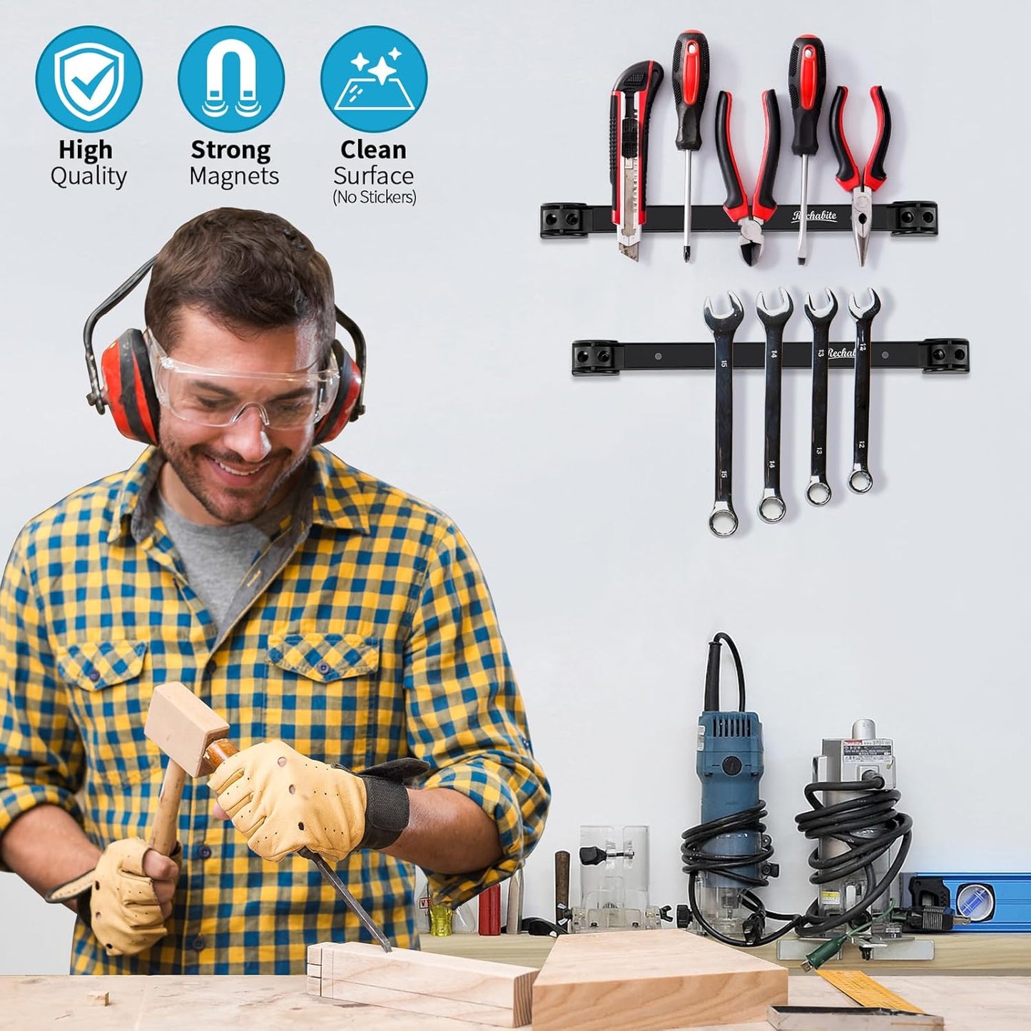 6 Pieces 12" Magnetic Tool Holder Strip, Black Magnet Bar, Metal Tool Organizer Rack for Garage Organization, Easy To Install in Workshop, Mounting Screws Included