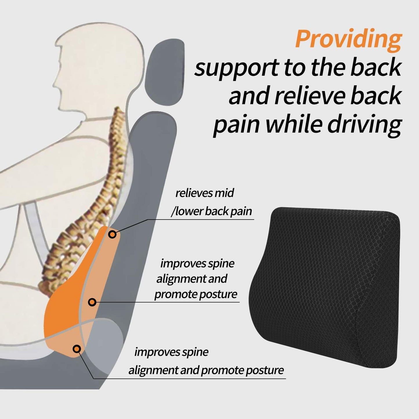 Memory Foam Lumbar Support Pillow for Car - Lower Back Support Cushion for Driving, Back Pain Relief for Car Seat, Office Chair, Wheelchair (Black)