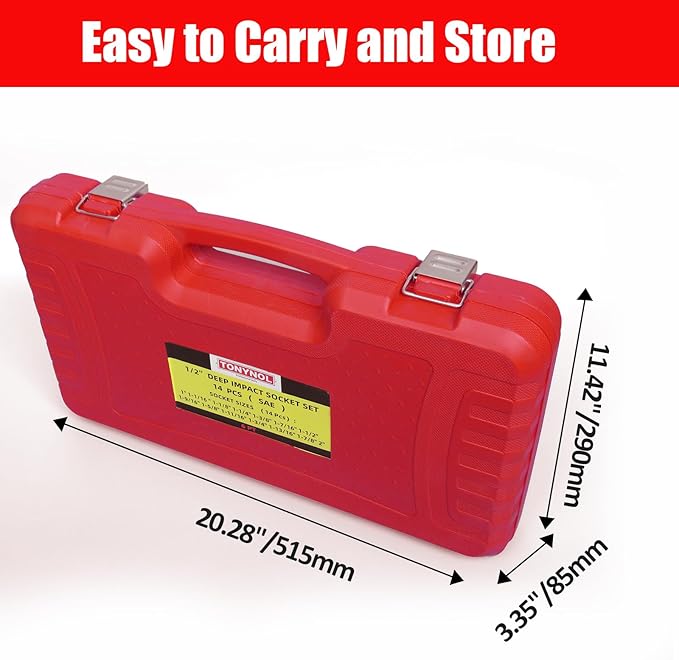 1/2" Inch Drive Deep Impact Socket Set,6-Point,SAE Sizes(1“-2”),14 PCS,Cr-Mo Steel,Heavy Duty Impact Sockets for Automotive & Industrial Machinery,With a Storage Case